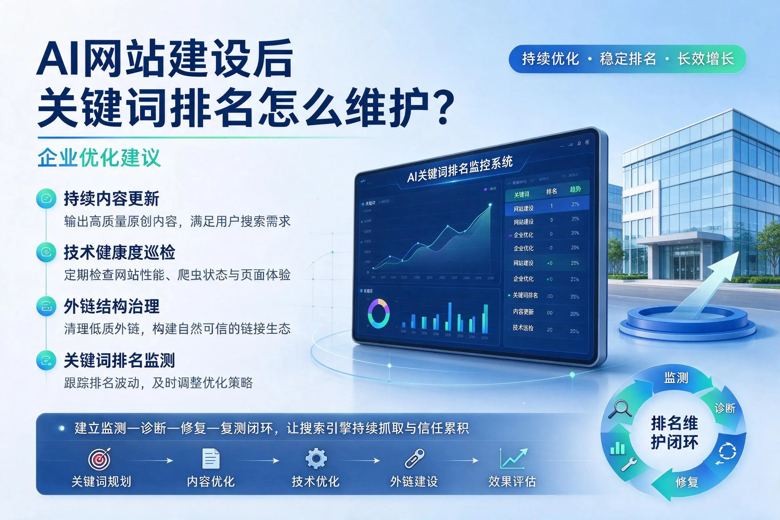 AI网站建设后关键词排名怎么维护?双河企业优化建议